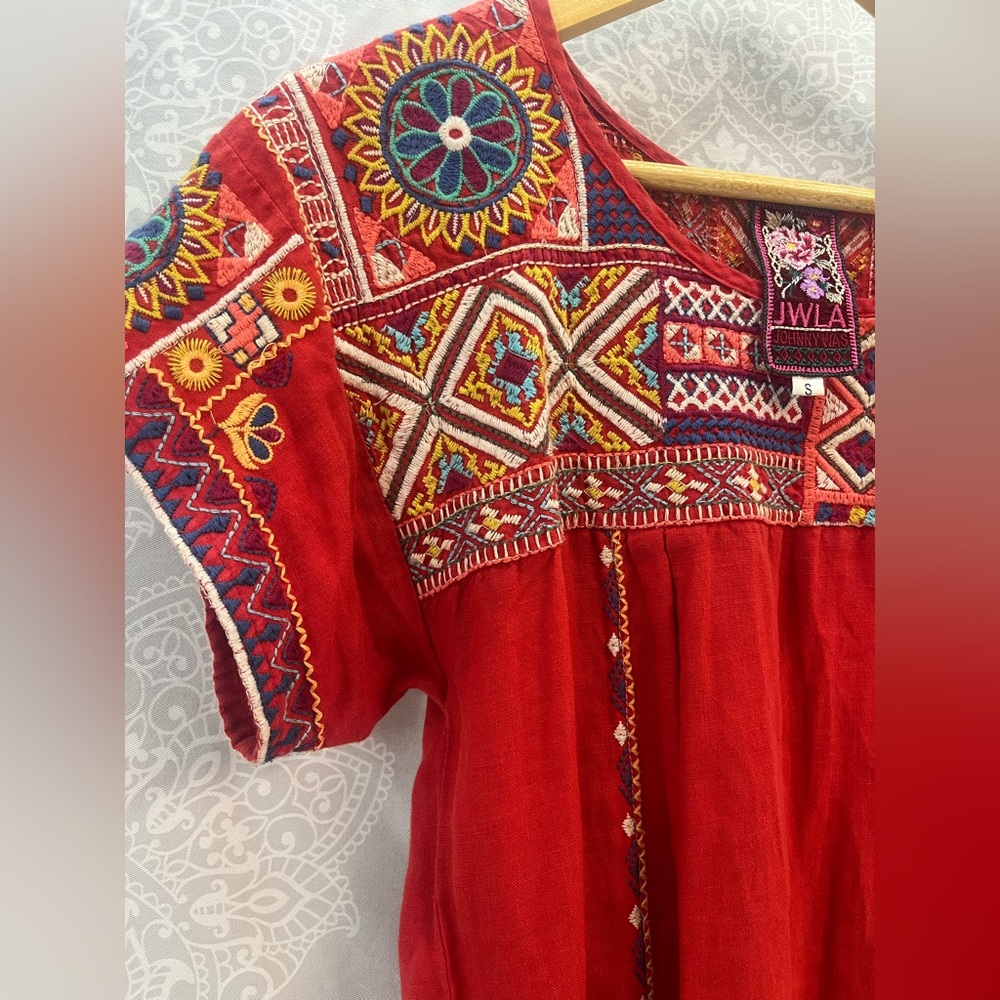 Johnny Was Red Embroidered Linen Dress/Tunic, Women’s Small; Beach Boho Beauty! - Picture 15 of 17